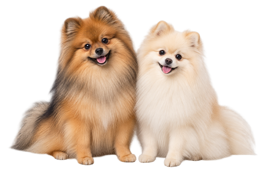 Orange sable and cream Pomeranians sitting together