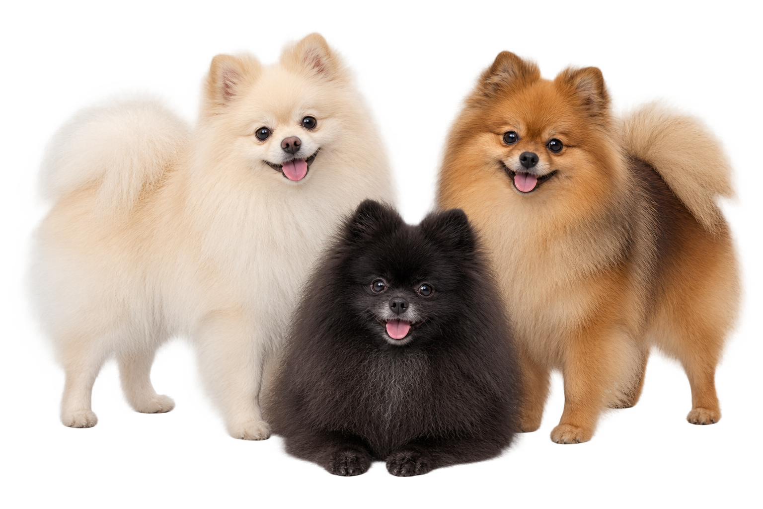 Cream, black, and orange Pomeranians together