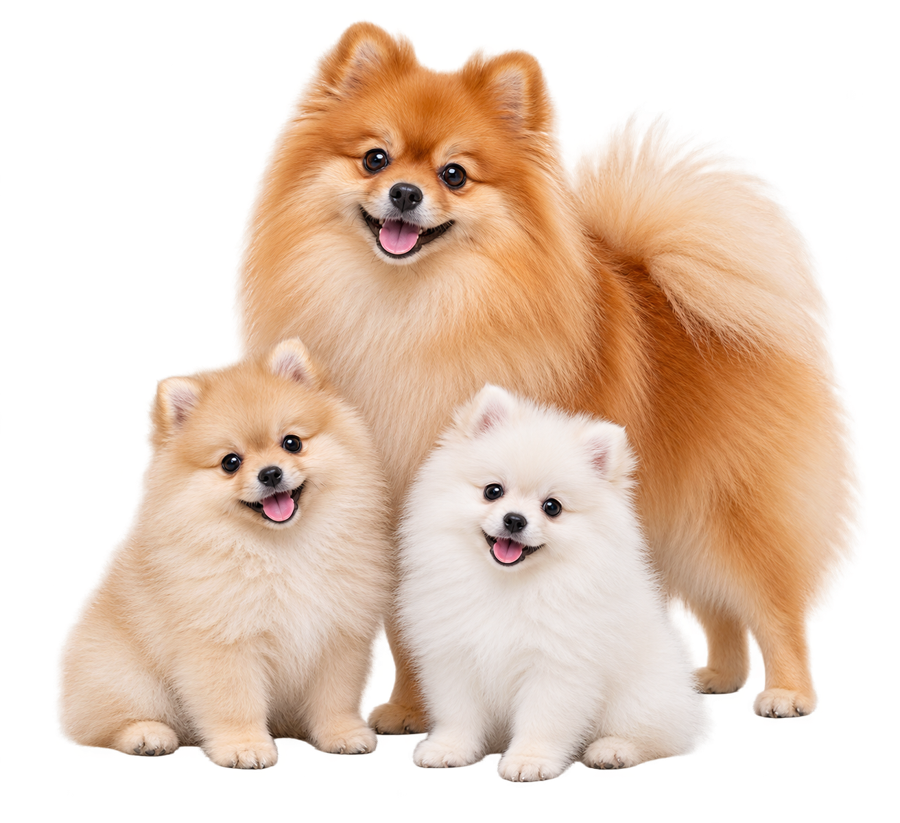 Orange and white Pomeranian puppies with an adult Pomeranian