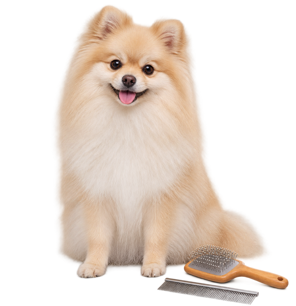 Cream Pomeranian with grooming brush and comb