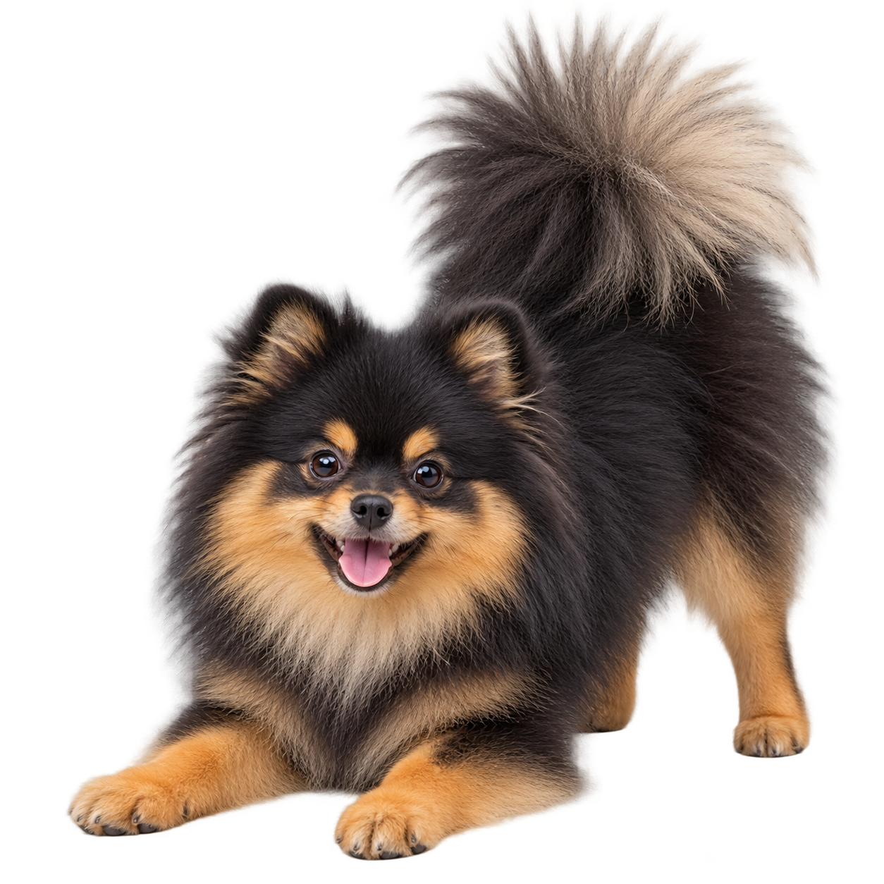 Black and tan Pomeranian in a playful pose on a transparent background