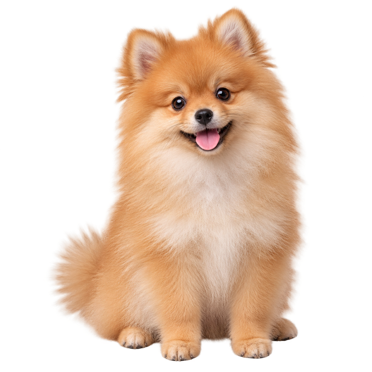 Orange and cream Pomeranian puppy sitting on a transparent background